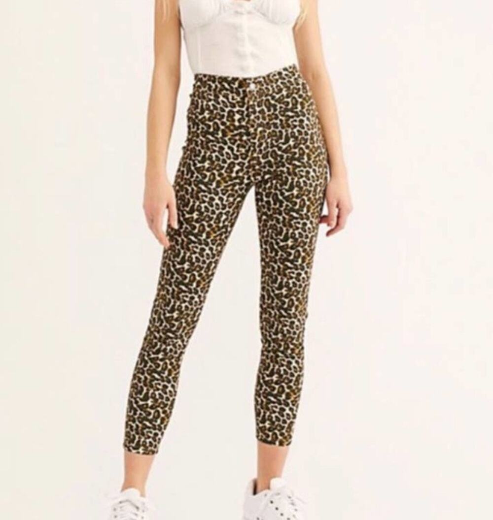 Free People Leopard Print High Rise Skinny Cropped Jeans Size 25 NEW Brown Cream